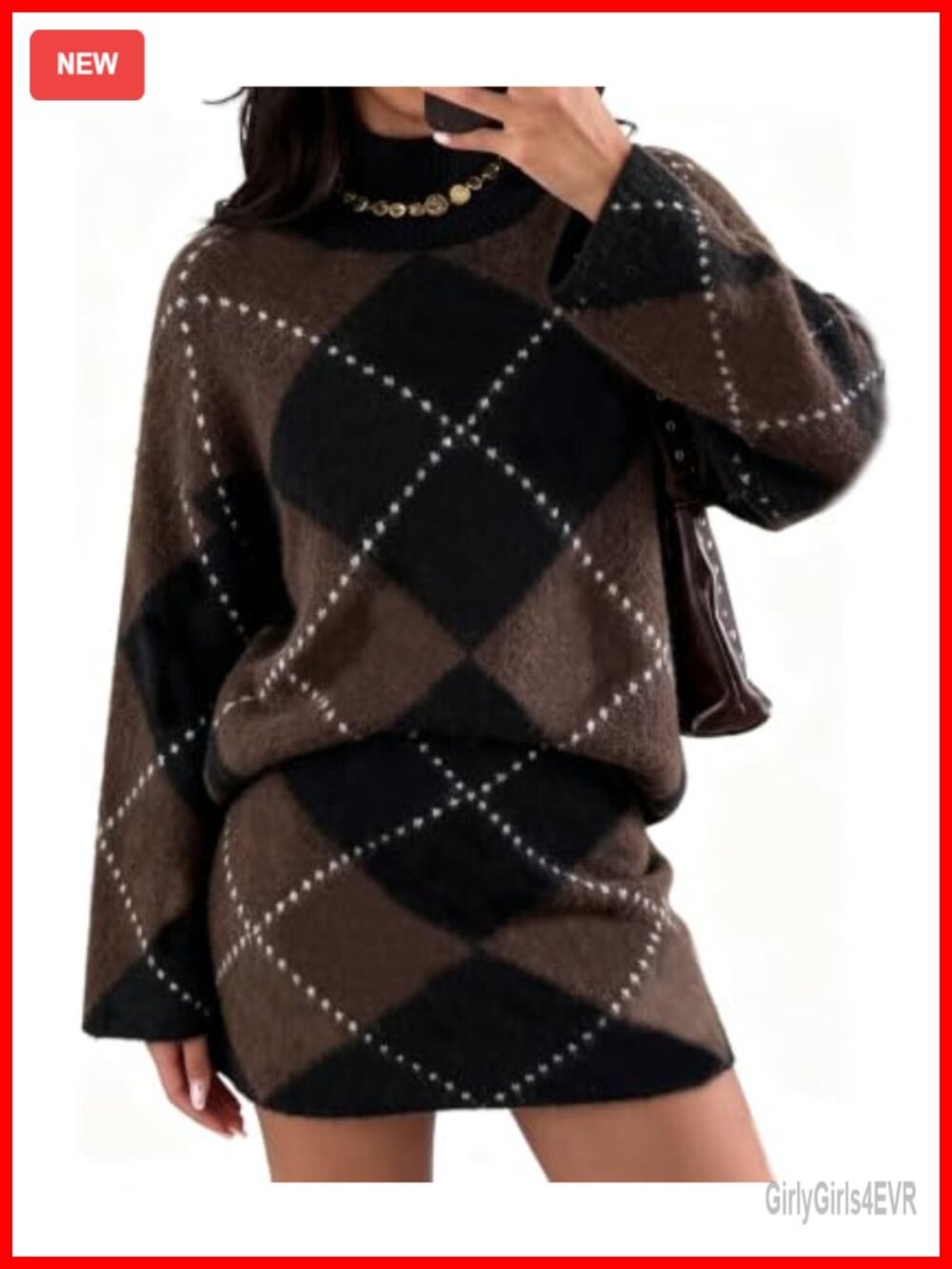 2 Piece Sweater Skirt Set Mock Neck Pullover Bodycon Mini Plaid Argyle Fall